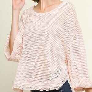 NWT Umgee Baby Pink High Low Waffle Knit Top Size Small Cotton 3/4 Sleeve Boho S